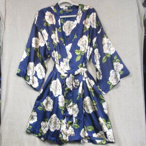 Morgan Taylor Intimates Robe Blue Floral Roses 3/4 Sleeve Belted Short Size L/XL